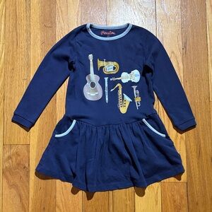 Piccolina Blue Long Sleeve Dress with Musical Instruments